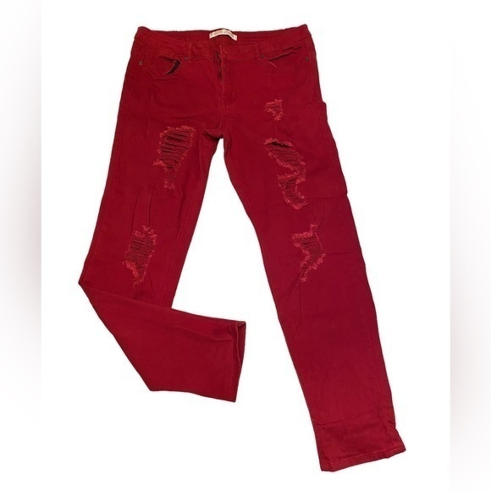 Distressed burgundy stretch ankle jeans. Size 13/14. Very comfortable.